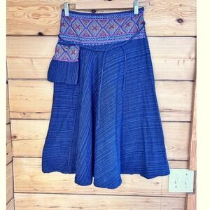 Thai Artisan Indigo Blue Cotton Embroidered Boho Midi Skirt with Side Pocket